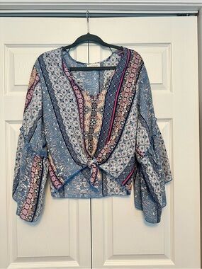lavender field Blue Multi-Print Tie-Front Boho Blouse